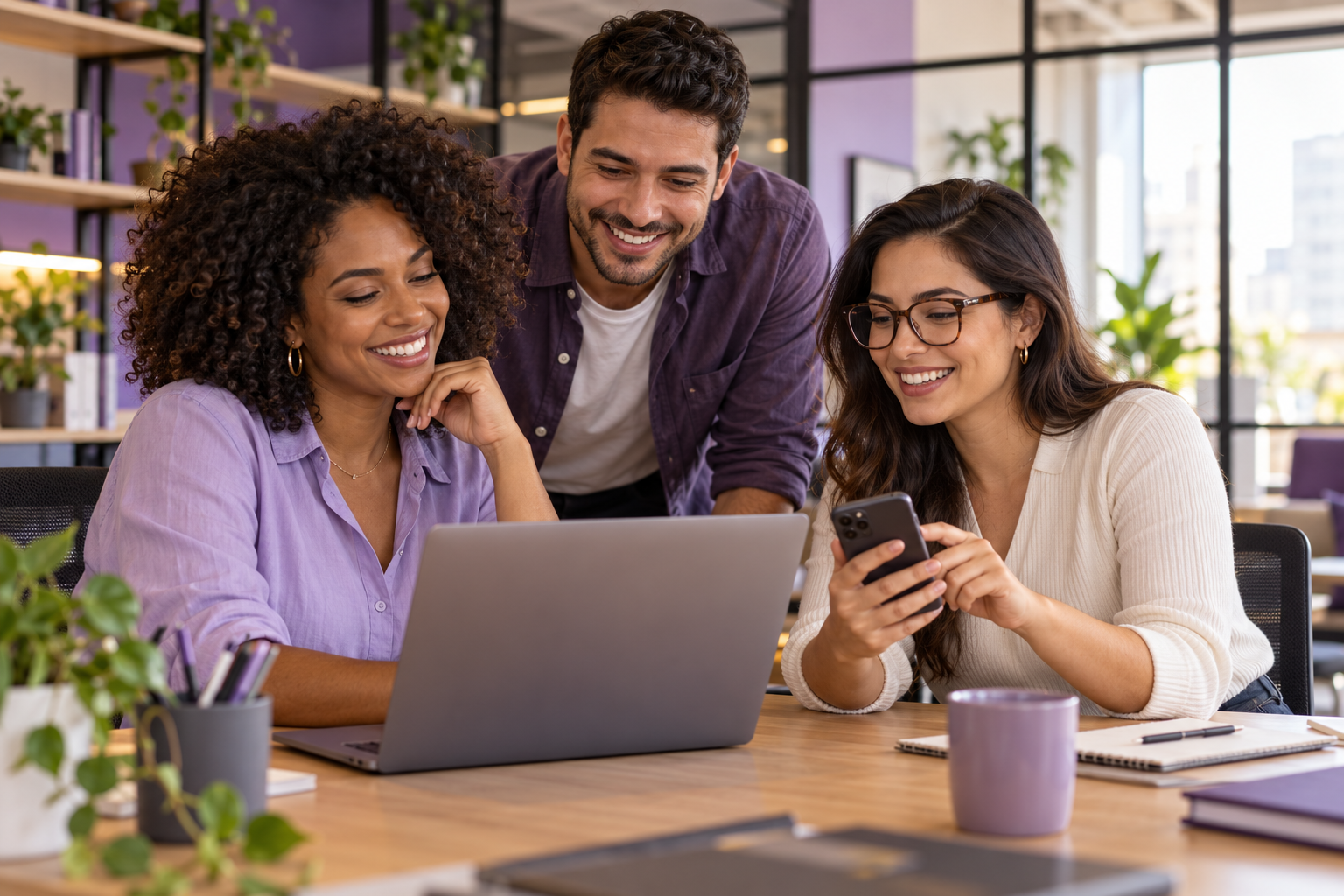 Cena ilustrativa de três profissionais sorrindo enquanto usam um notebook e um celular